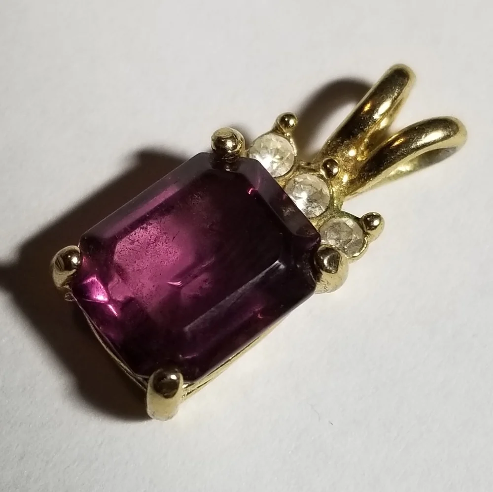Purple gem pendant gold tone tiny dainty rectangular vintage